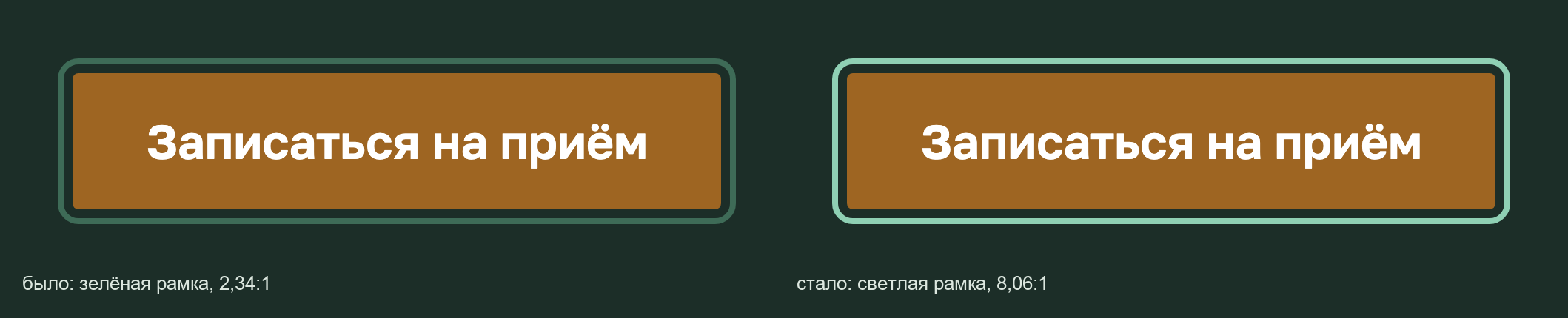 Одна и та же кнопка на тёмной полосе. Слева — брендовая зелёная рамка, справа — светлая мятная. Разница не в красоте, а в том, видно ли, где ты находишься.